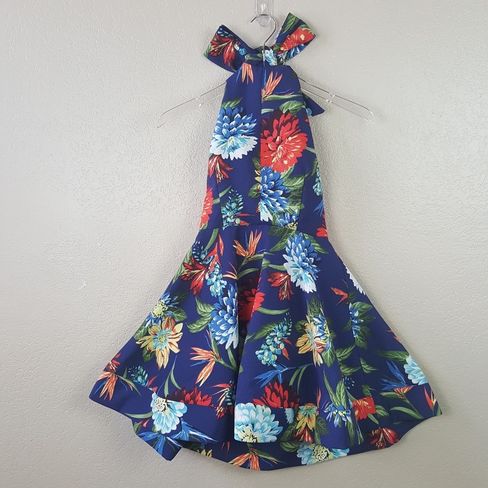 Verty Blue Tropical Floral Halter Dress with Bow S